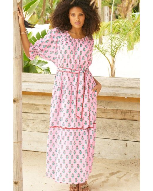Aspiga Pink Ladies Sustainable Cotton Dress Floral Block Print Summer Holiday Off The Shoulder Detachable Belt Details