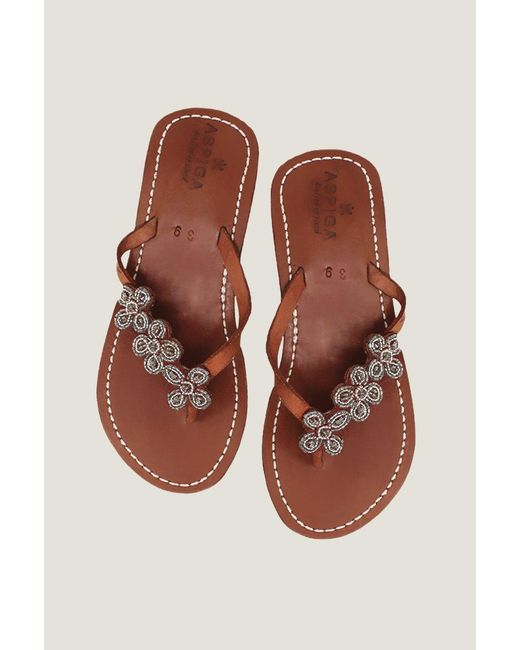 Aspiga Brown Sustainable Kenyan Beaded Tatu Sandals Leather And Glass Beaded Floral Summer Holiday Flip Flops