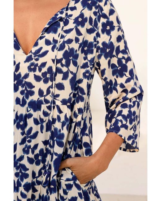 Aspiga Blue Sustainable Emma Midi Dress Ecovero Summer Wedding Guest Floral Printed Cream