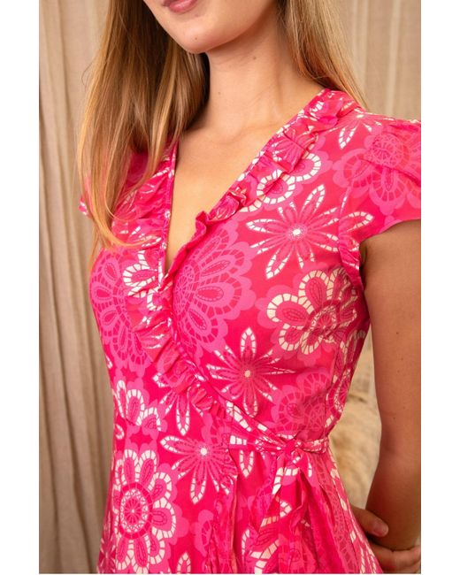 Aspiga Pink Sustainable Demi Short Sleeve Wrap Ecovero Viscose Summer Wedding Guest Evening Dress Floral Printed