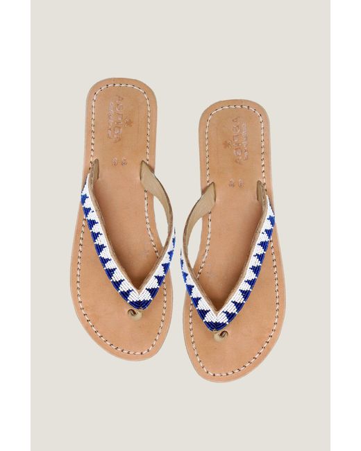 Aspiga Blue Ladies Sustinable Kenyan Beaded Ziggy Sandals Leather And Glass Beads/ Summer Flip Flops