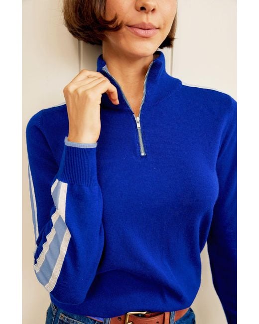 Aspiga Blue Ladies Sustainable Overarm Stripe Quarter Zip Jumper Merino Wool Cobalt Cream