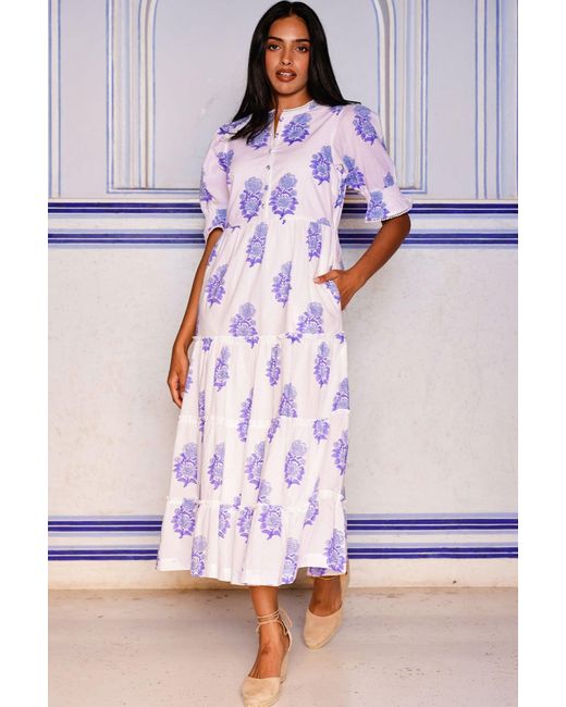 Aspiga White Sustainable Cordelia Organic Cotton Block Print Summer Wedding Guest Evening Dress Floral Printed