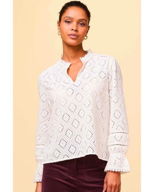 Aspiga White Ladies Sustainable Flo Long Sleeve Blouse Cotton Cut Out Detail