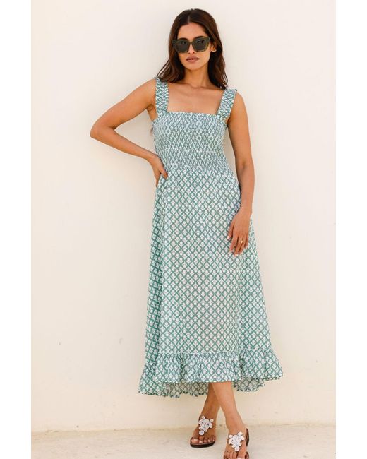 Aspiga Green Ladies Sustainable Rhianna Cotton Dress Strap Floral Embroider Summer Holiday Sage