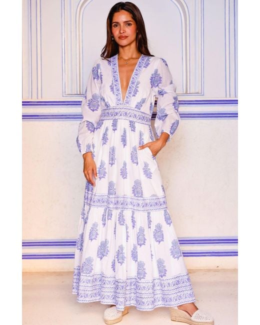 Aspiga White Sustainable Pippa Long Sleeve Block Print Cotton Summer Wedding Guest Evening Dress Floral Printed