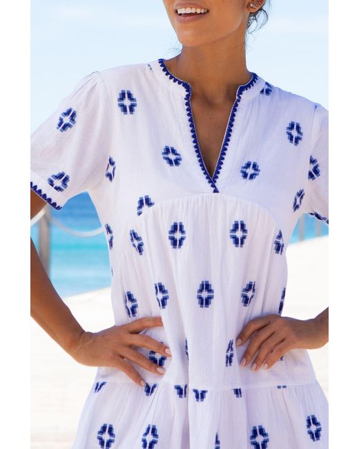 Aspiga Blue Ladies Sustainable India Embroidered Dress Organic Cotton Short Sleeve Beach Cover Up Mini Summer Holiday Embroidery