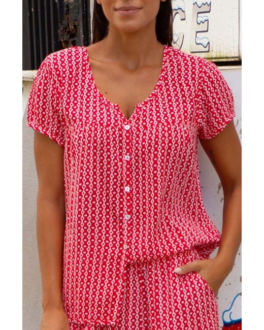 Aspiga Pink Ladies Sustainable Lisbon Viscose Blouse Short Sleeve Summer Santorini Border
