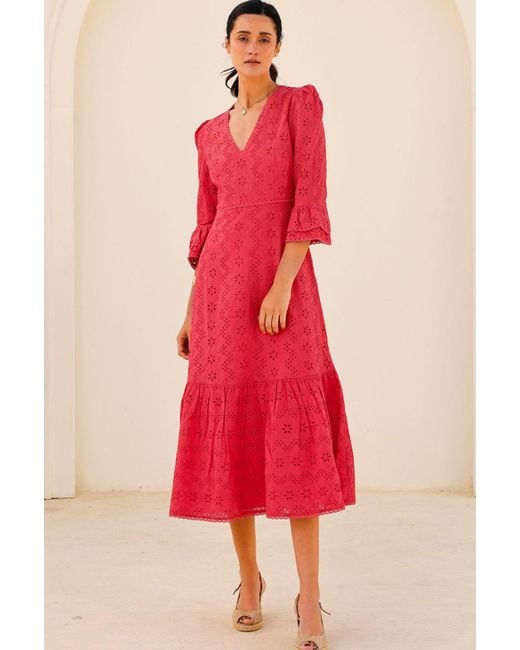 Aspiga Red Ethical Victoria Broderie V-Neck Cotton Summer Wedding Guest Evening Dress