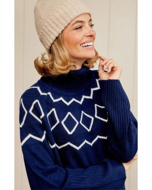 Aspiga Blue Sustainable Cashmere Blend Geo Fairisle Roll Neck Jumper