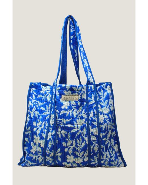 Aspiga Blue Ladies Sustainable Cotton Quilted Block Print Tote Bag Floral Summer Beach Botanical Flower
