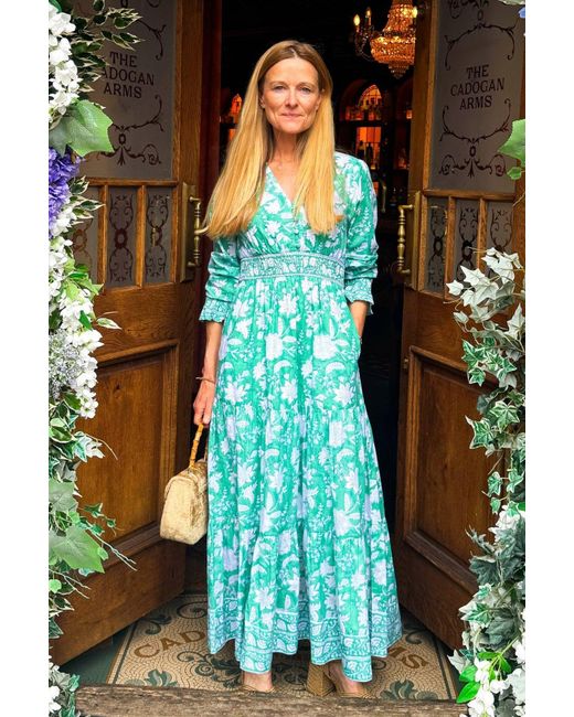 Aspiga Blue Sustainable Billie Block Print Organic Cotton Summer Wedding Guest Evening Dress Floral Printed