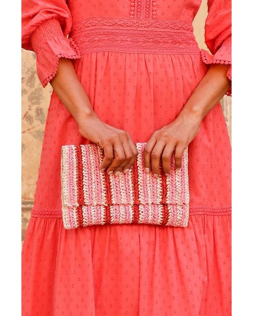 Aspiga Red Ladies Sustainable Amalfi Raffia Stripe Clutch Natural