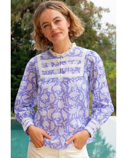 Aspiga Purple Ladies Sustainable Margot Blouse Organic Cotton Floral Block Print Lace Detailing Cream