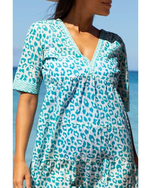 Aspiga Blue Sustainable Santorini Cotton Kaftan Dress Summer Holiday Beach Cover Up Cheetah Printed Summer Holiday