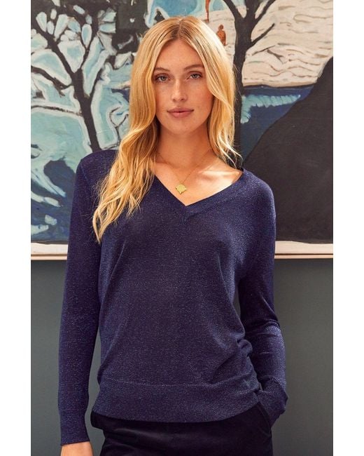 Aspiga Blue Ladies Sustainable Metallic Knit V-Neck Jumper