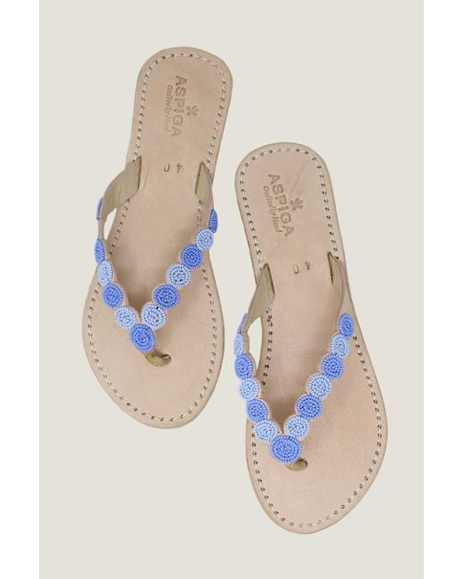 Aspiga Blue Ladies Sustainable Kenyan Beaded Mini Disc Sandals Leather And Glass Beads Light