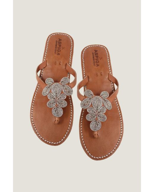 Aspiga Brown Sustainable Mia Kenyan Beaded Heel Sandals Leather And Glass Beads