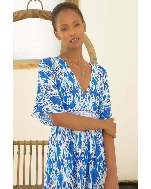 Aspiga Blue Sustainable Lena Dress Ecovero Viscose Printed Summer Holiday Short Sleeve V Neck
