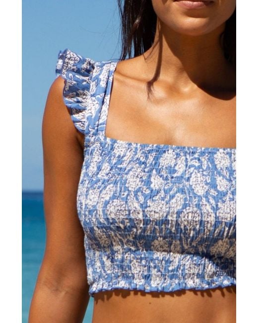 Aspiga Blue Ladies Sustainable Bryony Shirred Top Cotton Floral Dianthus Summer Holidays Co Ord