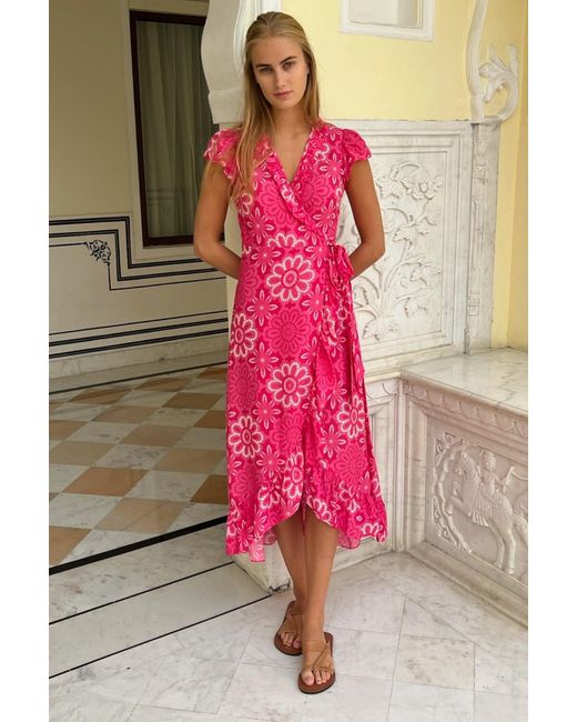 Aspiga Pink Sustainable Demi Short Sleeve Wrap Ecovero Viscose Summer Wedding Guest Evening Dress Floral Printed