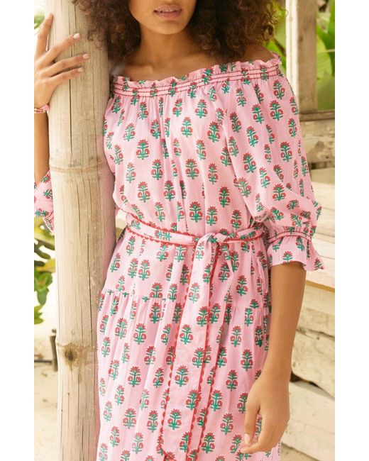 Aspiga Pink Ladies Sustainable Cotton Dress Floral Block Print Summer Holiday Off The Shoulder Detachable Belt Details