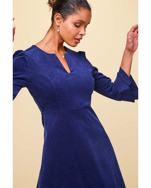 Aspiga Blue Ladies Sustainable Jocelyn V-Neck 3/4 Sleeve Corduroy Winter Wedding Guest Evening Dress Atlantic
