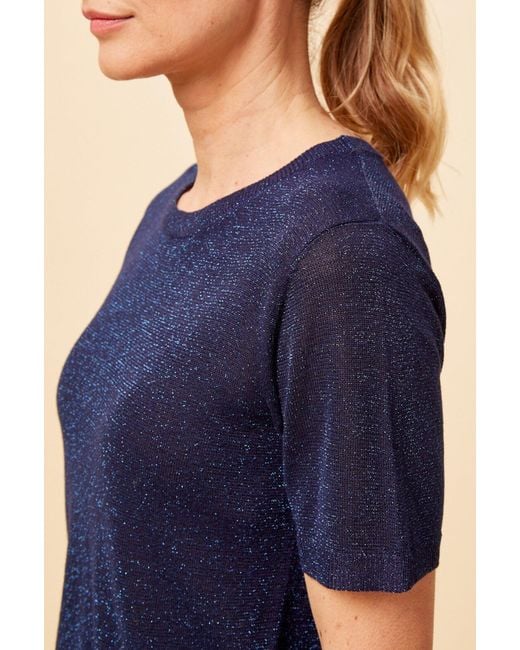 Aspiga Blue Ladies Sustainable Metallic Knit Short Sleeve T-Shirt Viscose