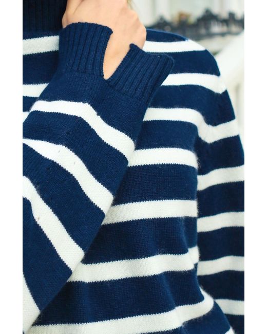 Aspiga Blue Sustainable Blend Striped Roll Neck Jumper Summer Holiday 100% Cashmere