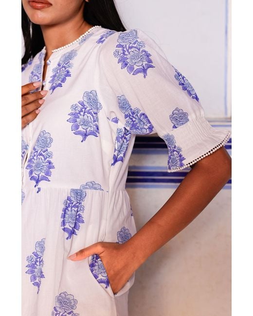 Aspiga White Sustainable Cordelia Organic Cotton Block Print Summer Wedding Guest Evening Dress Floral Printed
