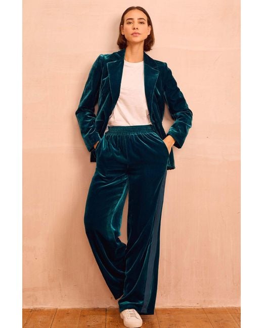 Aspiga Blue Sustainable Velvet Side Stripe Viscose Trousers Autumn Winter Graduation Co-Ord