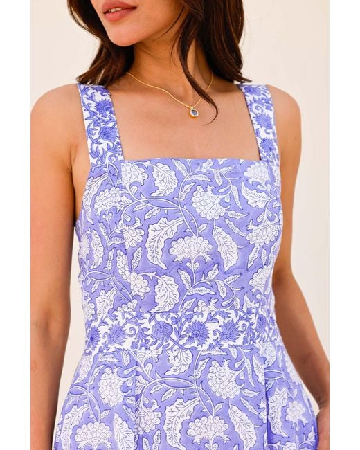 Aspiga Purple Sustainable Aurelia Block Print Organic Cotton Summer Wedding Guest Evening Dress Floral Printed