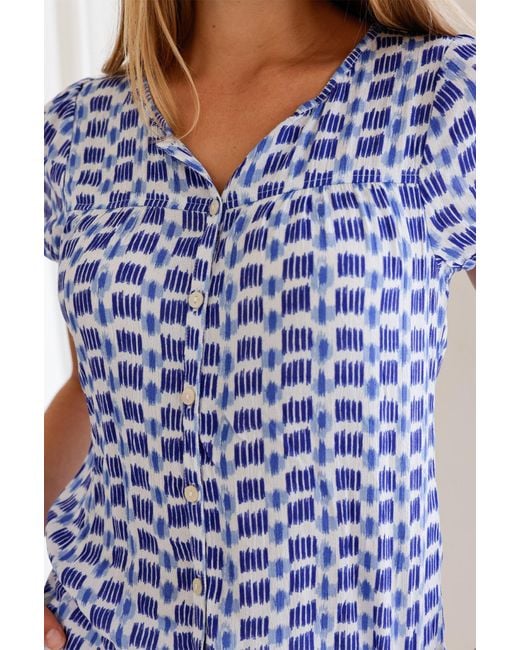 Aspiga Blue Sustainable Lisbon Crinkle Blouse Summer Holiday Viscose Ikat