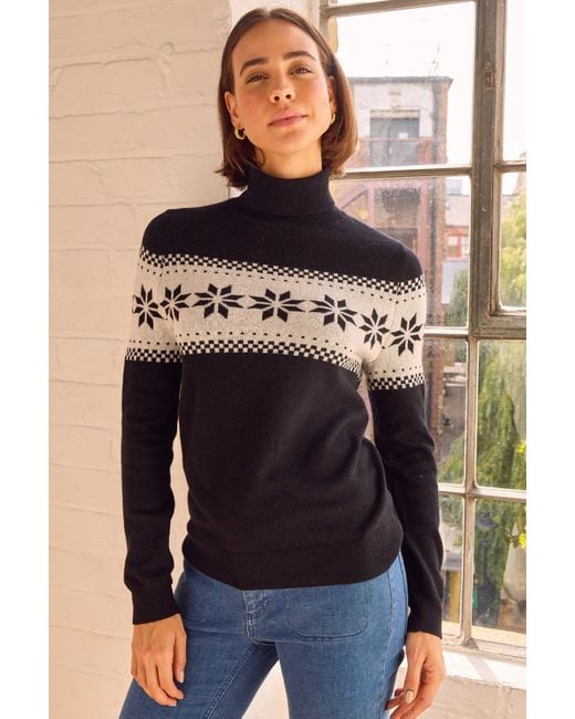 Aspiga Black Merino Wool Snowflake Fairisle Polo Neck Jumper