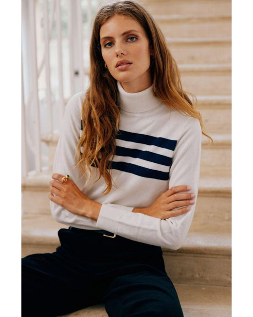 Aspiga Black Ladies Sustainable Slim Fit Polo Neck Merino Wool Striped Cream