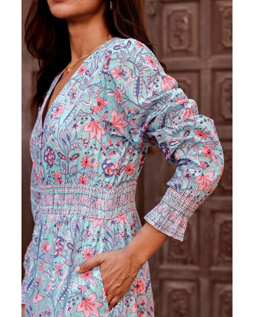 Aspiga Blue Sustainable Billie Block Print Organic Cotton Summer Wedding Guest Evening Dress Floral Printed