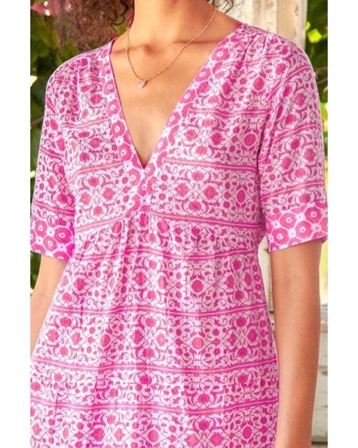 Aspiga Pink Sustainable Santorini Cotton Kaftan Dress Summer Holiday Printed Beach Cover Up