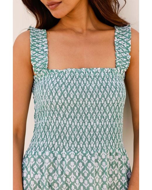 Aspiga Green Ladies Sustainable Rhianna Cotton Dress Strap Floral Embroider Summer Holiday Sage
