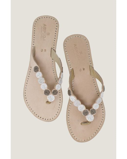 Aspiga Natural Ladies Sustainable Kenyan Beaded Mini Disc Sandals Leather And Glass Beads