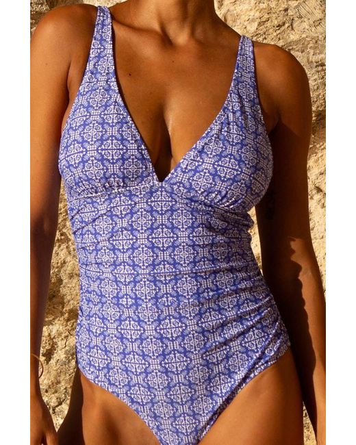Aspiga Blue Ladies Sustainable Recycled Nylon V-Neck Ruched Swimsuit Adjustable Straps Kaleidoscope Tile Pattern