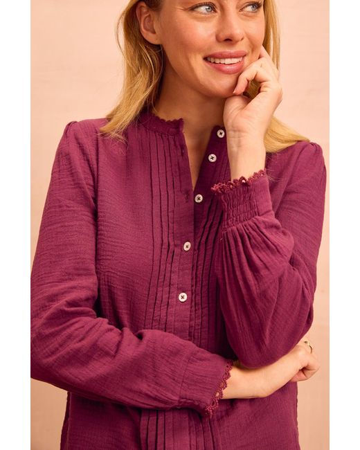 Aspiga Purple Ladies Sustainable Holly Pin Tuck Organic Cotton Cheesecloth Long Sleeve Blouse
