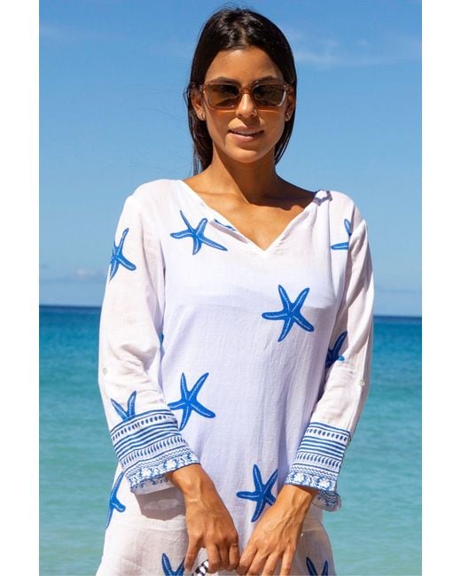 Aspiga Blue Ladies Sustainable Guadalupe Short Organic Cotton Tunic Dress Summer Holiday Beach Cover Up Starfish Cobalt