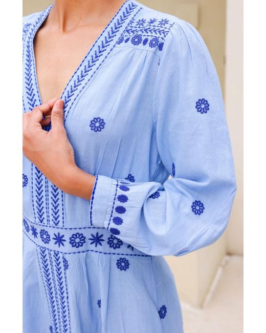Aspiga Blue Sustainable Jamila Embroidered Dress Organic Cotton Summer Holiday Beach Cover Up