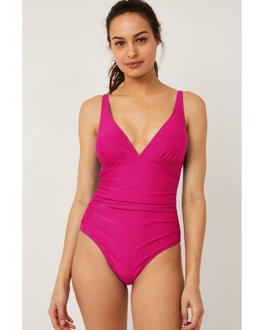 Aspiga Pink Ladies Sustainable Recycled Nylon Ruched V-Neck Swimsuit Adjustable Straps