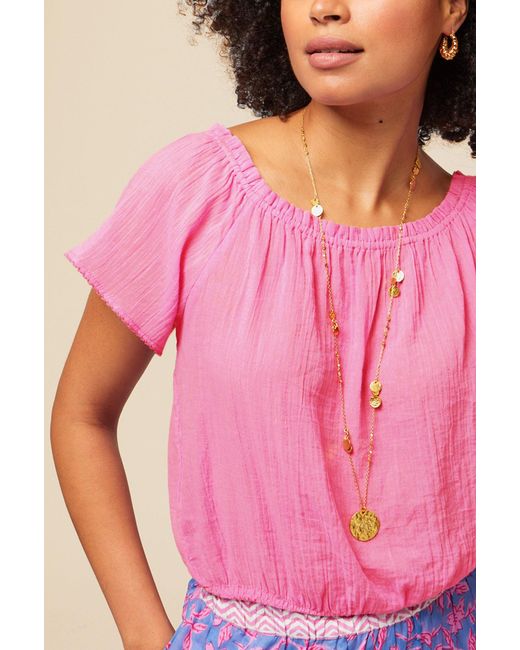 Aspiga Pink Sustainable Ilana Frill Gauze Organic Cotton Top Summer Holiday On Off The Shoulder
