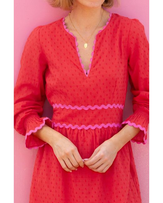 Aspiga Pink Ladies Sustainable Short Purdie Organic Cotton Ric Rac Dobby Summer Holiday Dress
