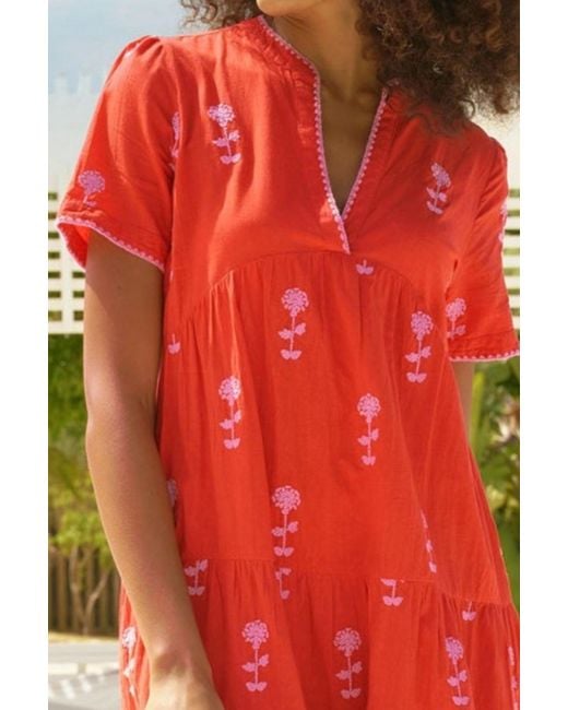 Aspiga Ladies Sustainable India Embroidered Dress Organic Cotton Short Sleeve Beach Cover Up Summer Holiday Mini Embroidery