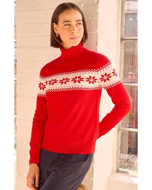Aspiga Red Merino Wool Snowflake Fairisle Polo Neck Jumper