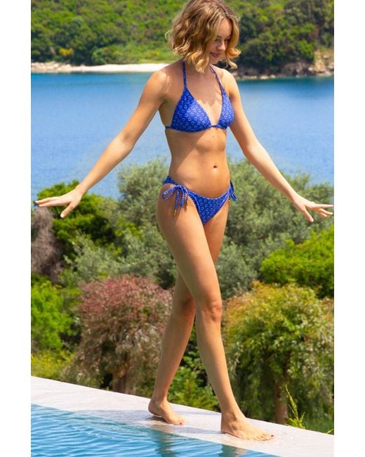 Aspiga Blue Ladies Sustainable Triangle Recycled Nylon Bikini Halter Top And Bikini Tie Side Bottoms Floral Printed
