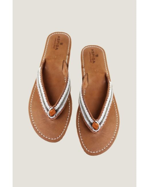 Aspiga White Sustainable Kenyan Beaded Tanzi Sandals Leather And Glass Beaded Summer Holiday Flip Flops
